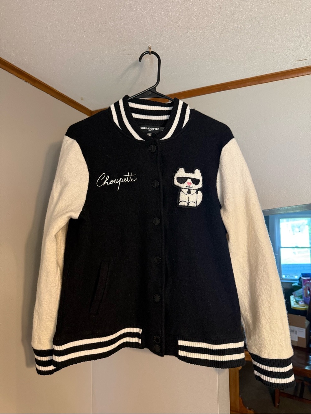 Karl Lagerfeld Paris Women's Black and White Choupette bomber Jacket size large